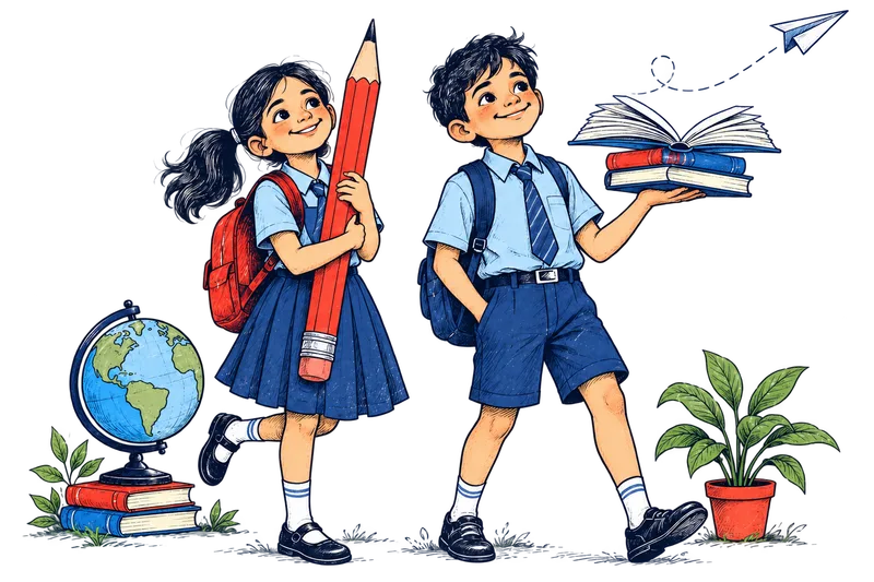 Hand-drawn pupils with books and an oversized pencil, imagining what comes next