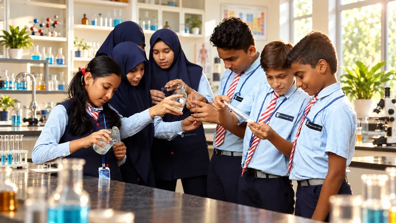 Apex pupils discovering together in a sunlit science laboratory, with colourful glassware