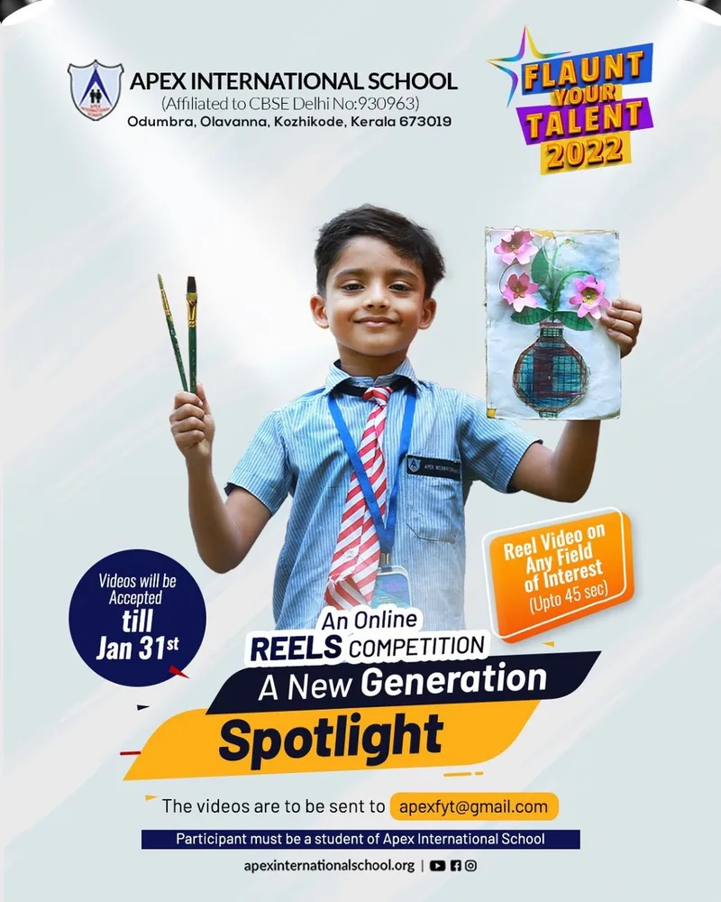 A pupil holding artwork in the school’s 2022 talent competition poster