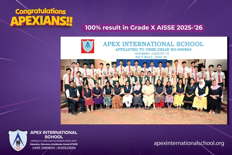 The Class X batch photograph and the school’s 100% result announcement for AISSE 2025–26