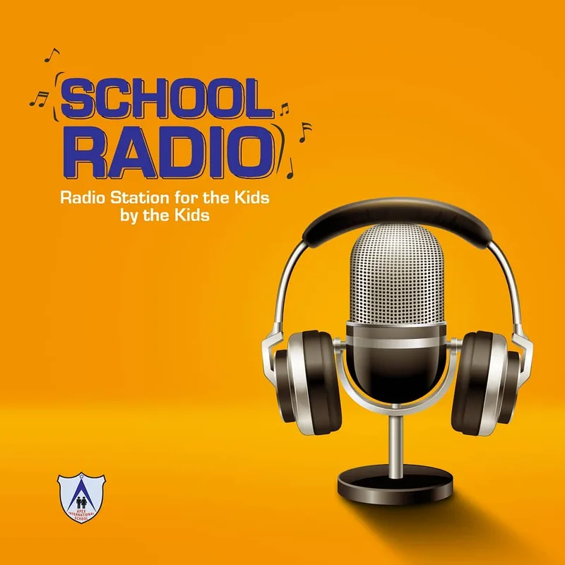The school’s illustrated radio poster with headphones and a microphone